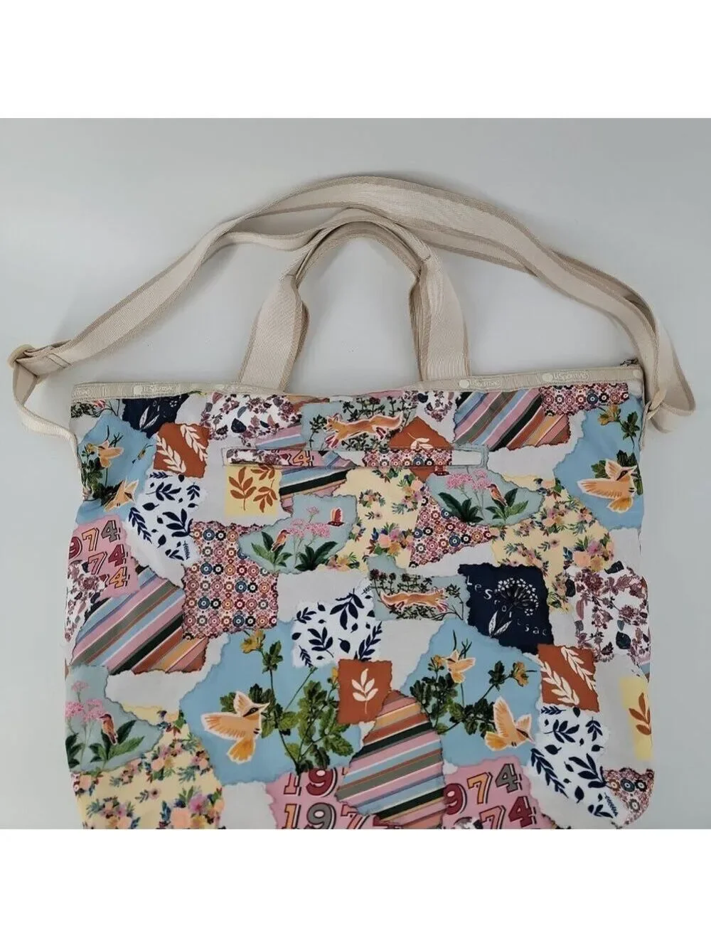 LeSportsac Easy Carry Tote 74 Collage Patchwork Bird Floral Travel Bag